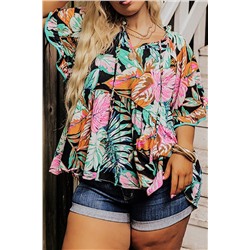 Black Plus Tropical Print Ruffled Sleeve Flowy Blouse