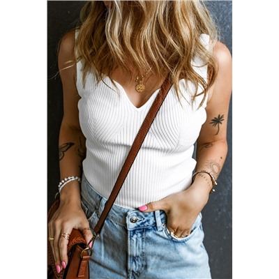 White Rib Knit Notched V Neck Slim Fit Tank Top