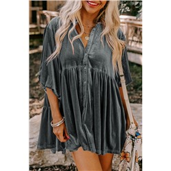 Dark Grey 3/4 Sleeve Tunic Babydoll Velvet Shirt