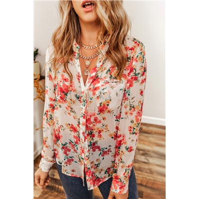 Vibrant Floral Print Chest Pocket Shirt