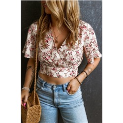 Pink Floral Print V Neck Wrapped Cropped Blouse