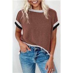 Coffee Textured Contrast Trim Round Neck T Shirt