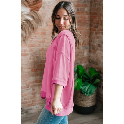 Bonbon Exposed Seam Chest Pocket Split Loose T Shirt