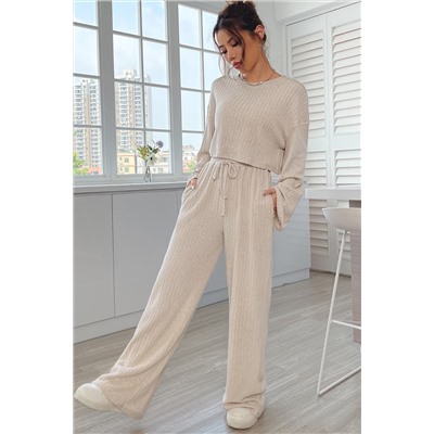 Khaki Ribbed Knit Bell Sleeve Crop Top Drawstring Pants Set