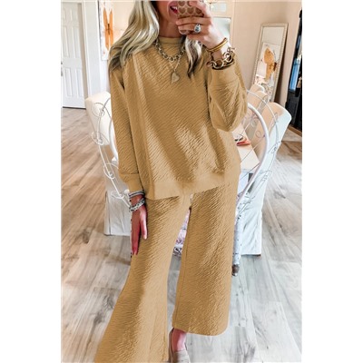 Light French Beige Textured Long Sleeve Top Drawstring Pants Set