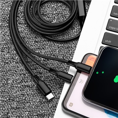 Кабель USB 3 в 1 для iOS + microUSB + type-С в тканой нейлоновой оплетке 1,2 метра