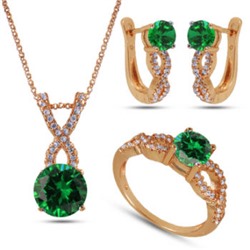 Комплект: кулон, серьги, кольцо (вставки: Цирконы, зеленые; покрытие: Золото)