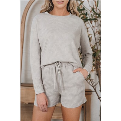 Gray Textured Long Sleeve Top and Drawstring Shorts Set