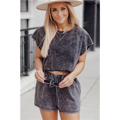 Black Acid Washed Short Lounge Set