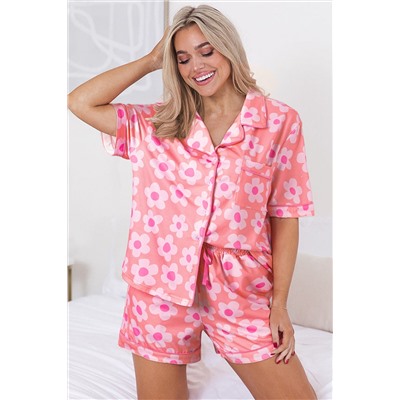 Pink Flower Print Short Sleeve Shirt Pajamas Set