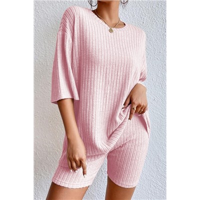 Pink Plain Ribbed Loose Fit Two Piece Lounge Set