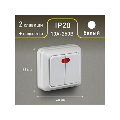 Выключатель Intro Quadro 2-105-01 двухклавишный с подсветкой, 10А-250В, IP20, ОУ, белый