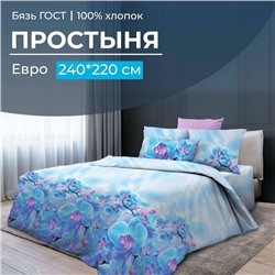 Простыня Евро 240*220 см, бязь ГОСТ (Орхидеи, бирюзовый)