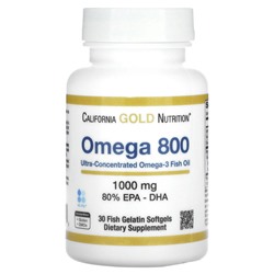 California Gold Nutrition, омега 800, рыбий жир фармацевтической степени чистоты, 80% ЭПК/ДГК, в форме триглицеридов, 1000 мг, 30 рыбно-желатиновых капсул