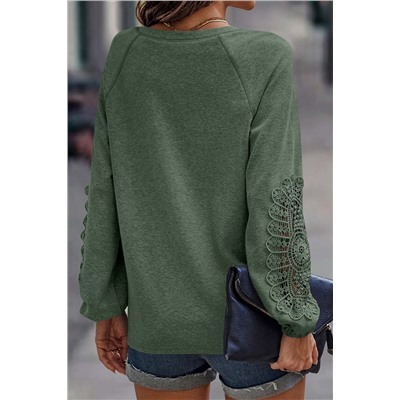 Green Crochet Lace Patch Raglan Sleeve Top