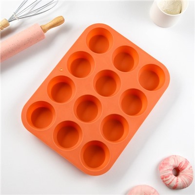 Форма для выпечки Доляна «Круги», силикон, 12 ячеек, 33×25×2,6 см, d=7 см, цвет оранжевый