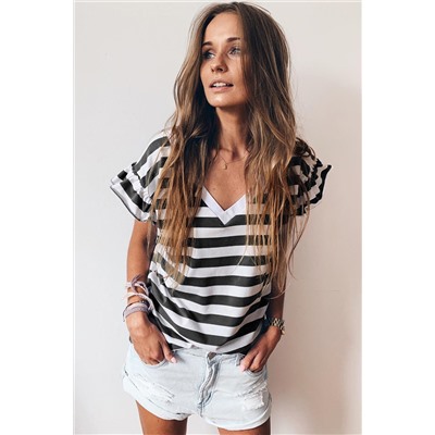 Black Striped V Neck Ruffle Sleeve Top