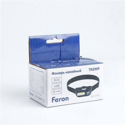 Фонарь налобный Feron TH2309 с аккумулятором USB 1х18650, 3W+2W XPE+COB IP44, пластик