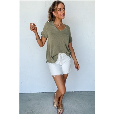 Laurel Green Twist Short Sleeve Corded V Neck Top