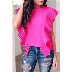 Bright Pink Pleated Ruffle Patchwork Sleeveless Blouse