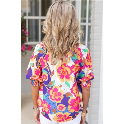 Rose Red Floral Print Split Neck Short Puff Sleeve Plus Blouse