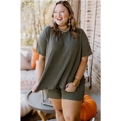 Moss Green Plus Size Rib Knit Short Sleeve Top and Shorts Set