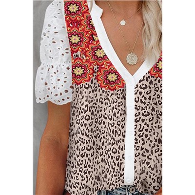 Леопардовая блуза с кружевными рукавами и цветочным принтом