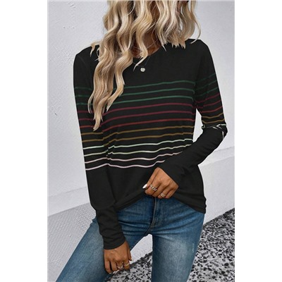 Black Multicolor Striped Crew Neck Long Sleeve Top