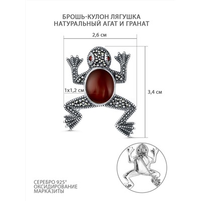 Брошь-кулон из чернёного серебра с агатом, натуральным гранатом и марказитами - Лягушка HB0159-RD