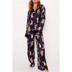 Black Western Cowgirl Boots Printed Satin Long Pajama Set