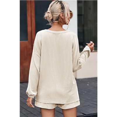 Beige Corded V Neck Slouchy Top Pocketed Shorts Set