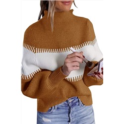 Коричнево-белый свитер-водолазка с пышными рукавами