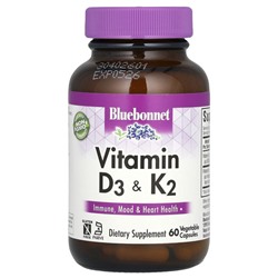 Bluebonnet Nutrition, витамины D3 и K2, 60 вегетарианских капсул