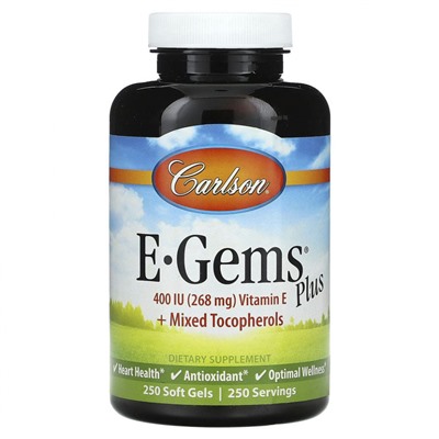 Carlson, E-Gems Plus, 268 мг (400 МЕ), 250 мягких таблеток