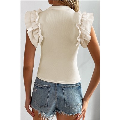 Beige Ruffle Flutter Sleeve High Neck Ribbed Blouse