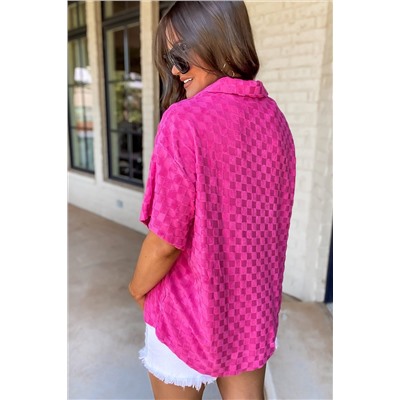 Bright Pink Lapel Neck Checkered Textured Short Sleeve Shirt