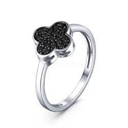Кольцо из серебра с натуральной чёрной шпинелью родированное - Клевер, четырёхлистник 925 пробы 1-296рч416