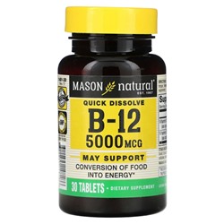 Mason Natural, Витамин B-12, малиновый ароматизатор, 5000 мкг, 30 подъязычных таблеток