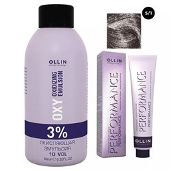 Набор "Перманентная крем-краска для волос Ollin Performance оттенок 5/1 светлый шатен пепельный 60 мл + Окисляющая эмульсия Oxy 3% 90 мл"