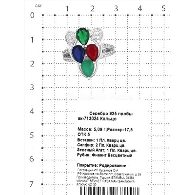 Кольцо из серебра с пл.кварцами и фианитами родированное 925 пробы ак-713024