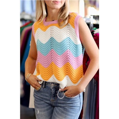 Multicolour Striped Colorblock Scalloped Hem Knitted Vest