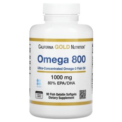 California Gold Nutrition, омега 800, рыбий жир фармацевтической степени чистоты, 80% ЭПК/ДГК, в форме триглицеридов, 1000 мг, 90 рыбно-желатиновых капсул