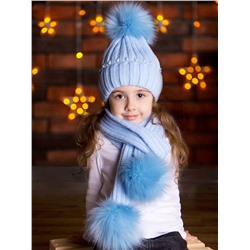Шапка вязаная детская с помпоном, жемчуг россыпью + шарф с помпоном, голубой