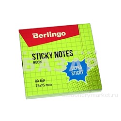 Самоклеящийся блок Berlingo "Ultra Sticky", 75*75мм, 80л, в клетку, зеленый неон