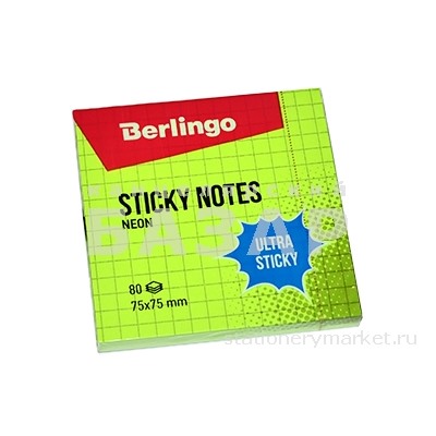 Самоклеящийся блок Berlingo "Ultra Sticky", 75*75мм, 80л, в клетку, зеленый неон