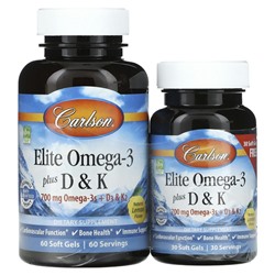 Carlson Labs, Elite Omega-3 с витаминами D и K, натуральный лимонный вкус, 60 (+ 30 бонусных) мягких капсул