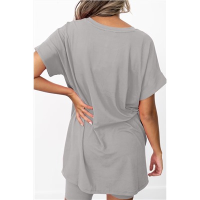 Gray Solid Split Hem Tunic Tee and Tight Shorts Set