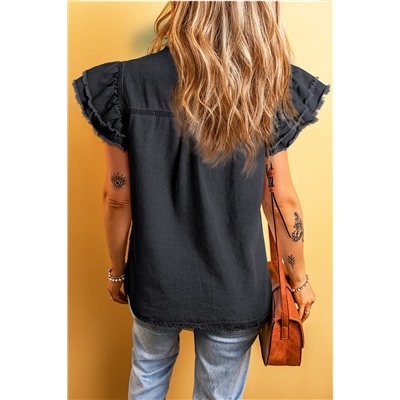 Black Button Front Ruffled Flutter Frayed Denim Top