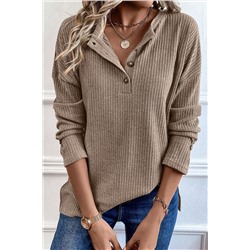 Pale Khaki Rib Textured Henley Knit Top