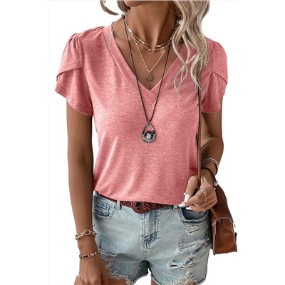 Rose Tan Fashion Petal Sleeve V Neck T Shirt